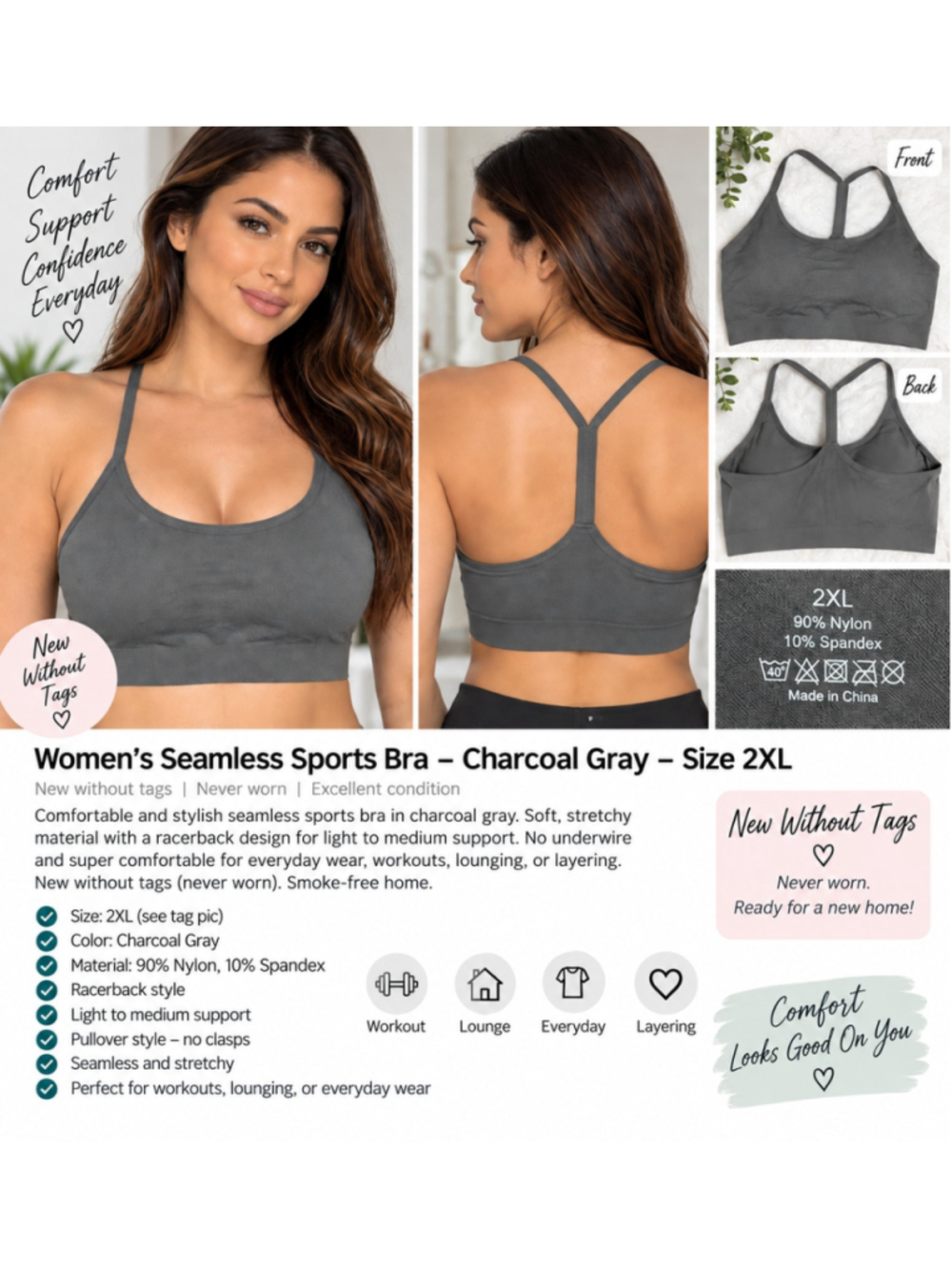 Women’s Seamless Racerback Sports Bra Charcoal Gray Size 2XL